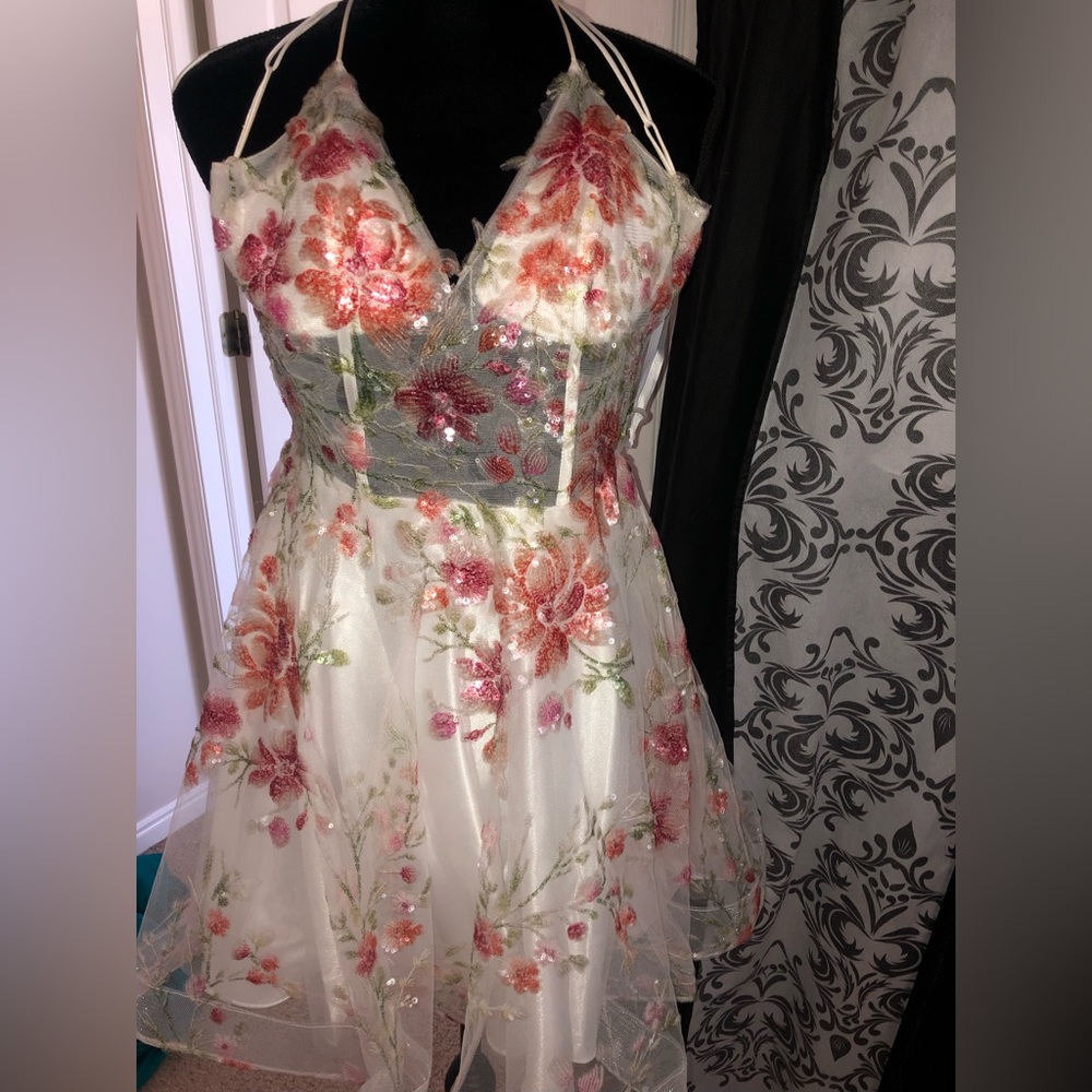 Jovani corset floral cocktail dress.
